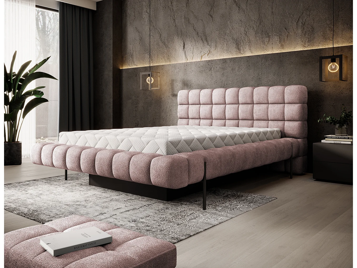 Lit avec coffre de rangement Kopa prestige – Revêtement tissu capitonné-Rose clair-180x200