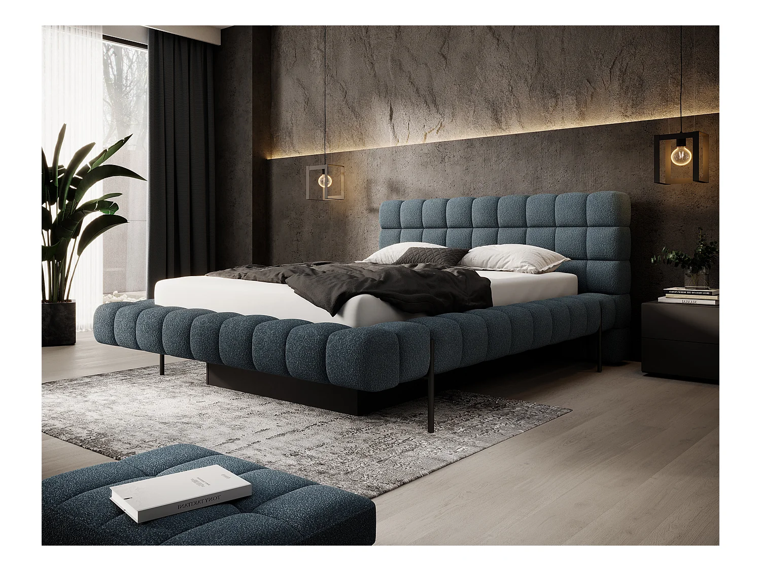 Lit avec coffre de rangement Kopa prestige – Revêtement tissu capitonné-Bleu charrette-160x200