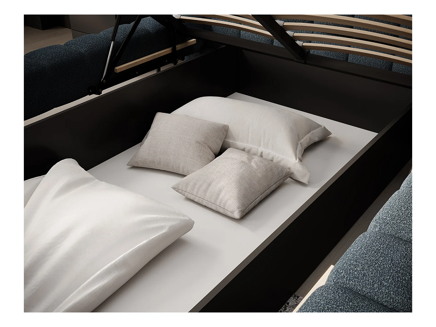 Lit avec coffre de rangement Kopa prestige – Revêtement tissu capitonné-Bleu charrette-160x200