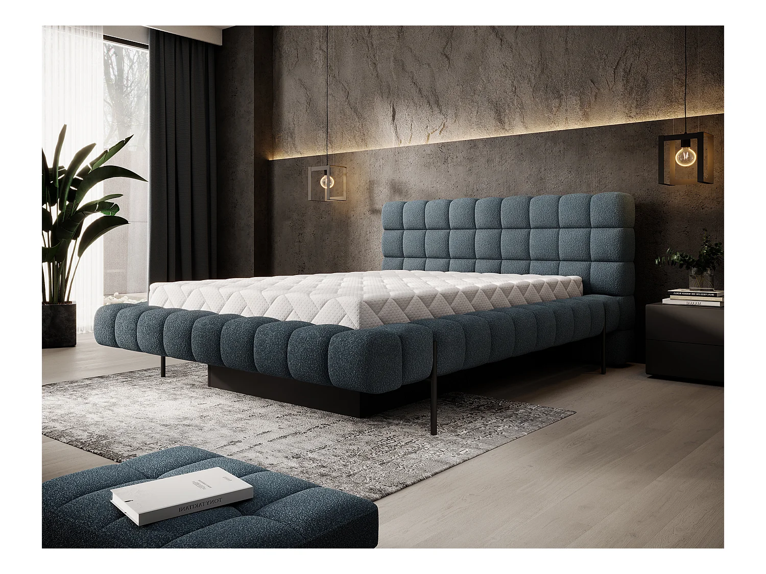 Lit avec coffre de rangement Kopa prestige – Revêtement tissu capitonné-Bleu charrette-160x200