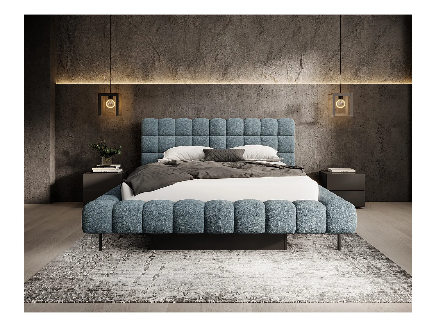 Lit avec coffre de rangement Kopa prestige – Revêtement tissu capitonné-Bleu charrette-160x200