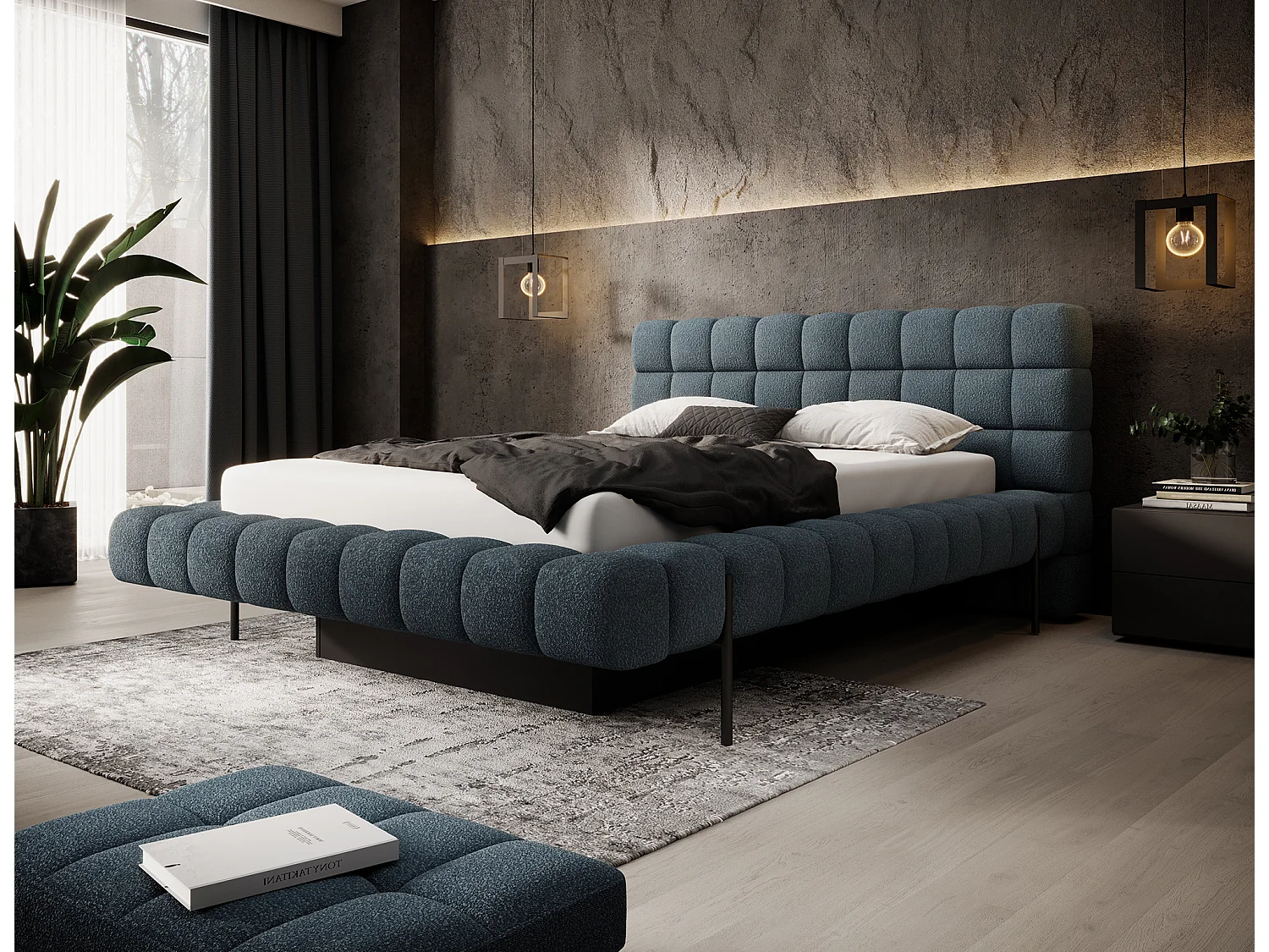 Lit avec coffre de rangement Kopa prestige – Revêtement tissu capitonné-Bleu charrette-160x200