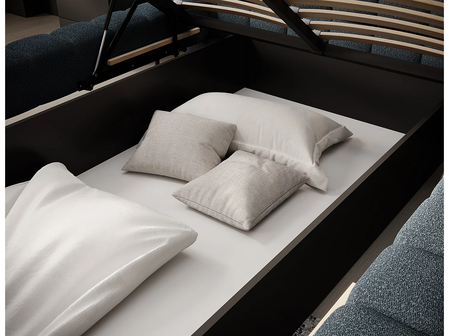 Lit avec coffre de rangement Kopa prestige – Revêtement tissu capitonné-Bleu charrette-160x200