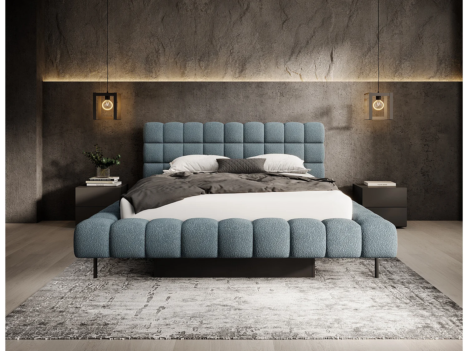 Lit avec coffre de rangement Kopa prestige – Revêtement tissu capitonné-Bleu charrette-160x200