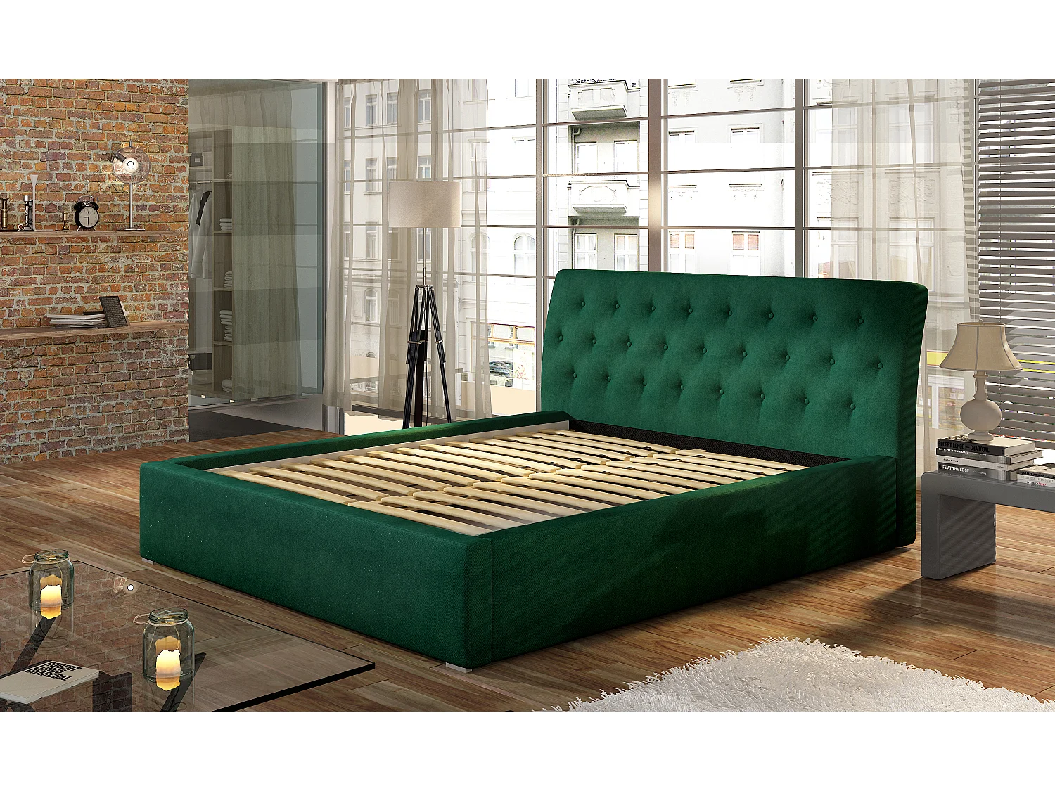Cama acolchada de tela Venizia-Marrón-200x200 cm-Versión caja