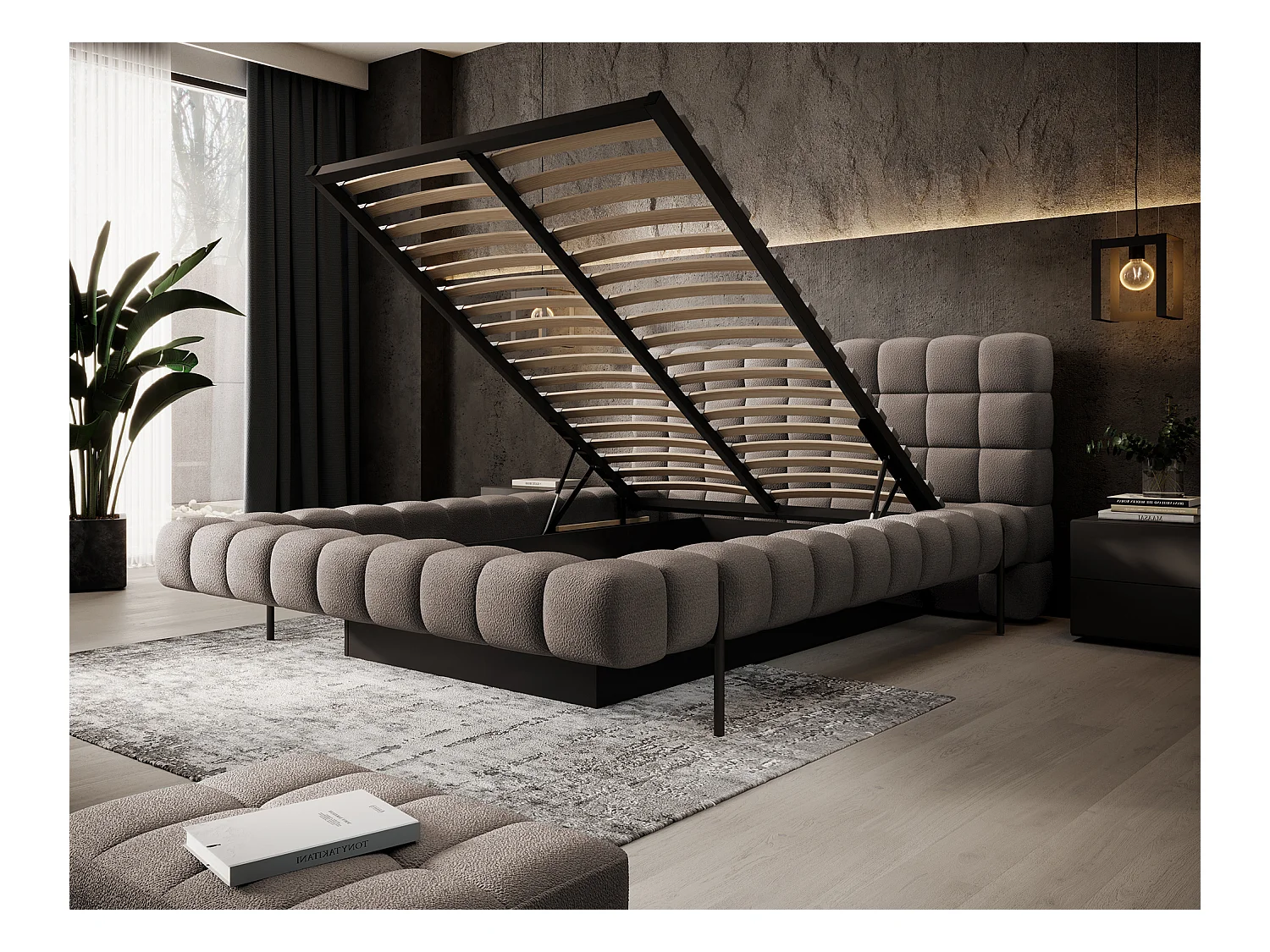 Bed met Kopa prestige opbergbox – Gewatteerde stoffen bekleding-Kleur Bruin-Slapen 140x200cm