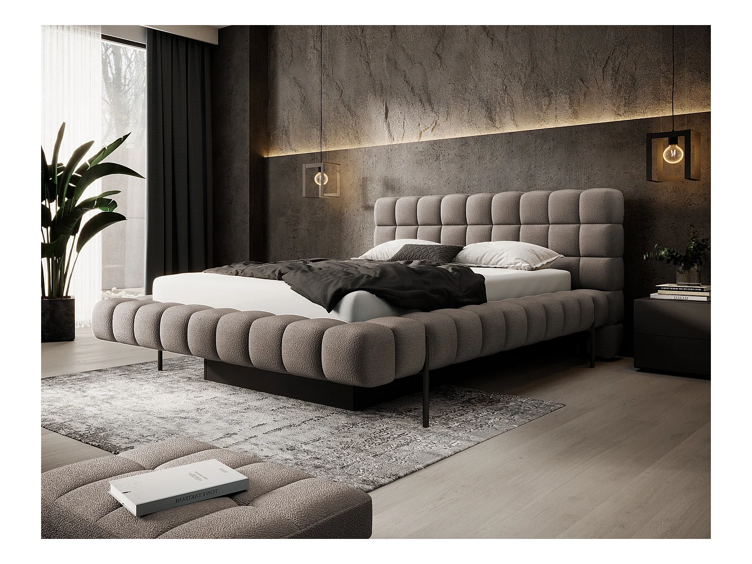 Bed met Kopa prestige opbergbox – Gewatteerde stoffen bekleding-Kleur Bruin-Slapen 140x200cm