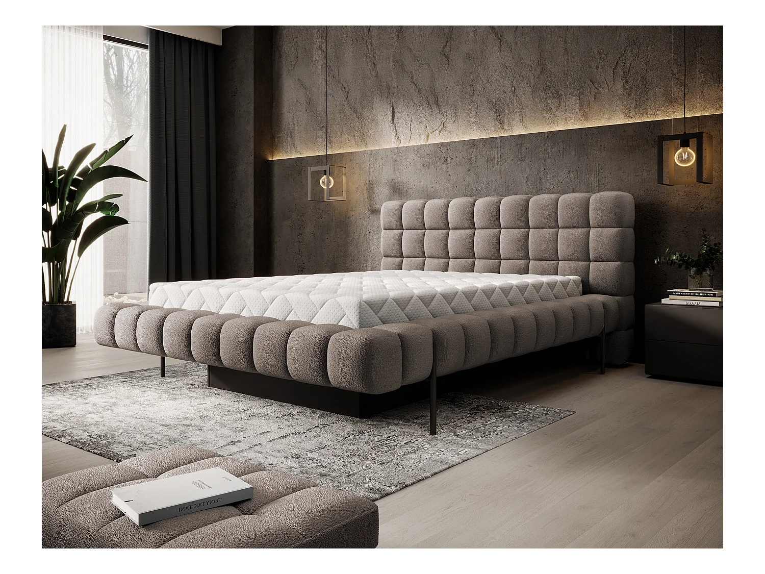 Bed met Kopa prestige opbergbox – Gewatteerde stoffen bekleding-Kleur Bruin-Slapen 140x200cm