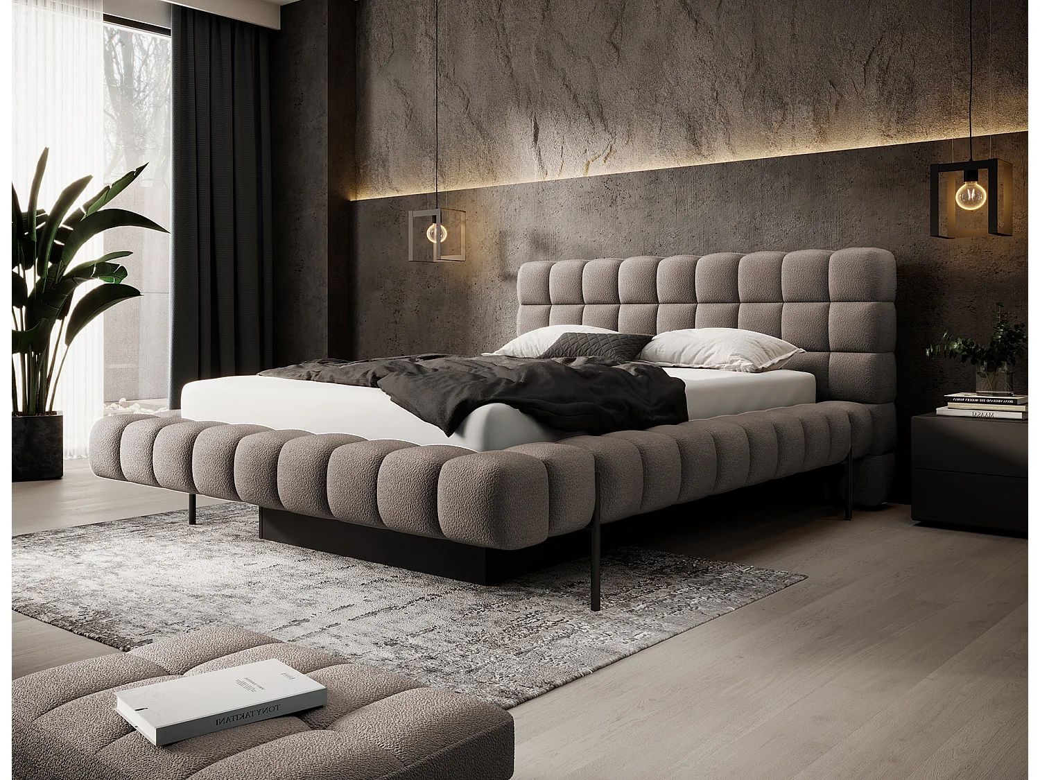 Lit avec coffre de rangement Kopa prestige – Revêtement tissu capitonné-Marron-140x200