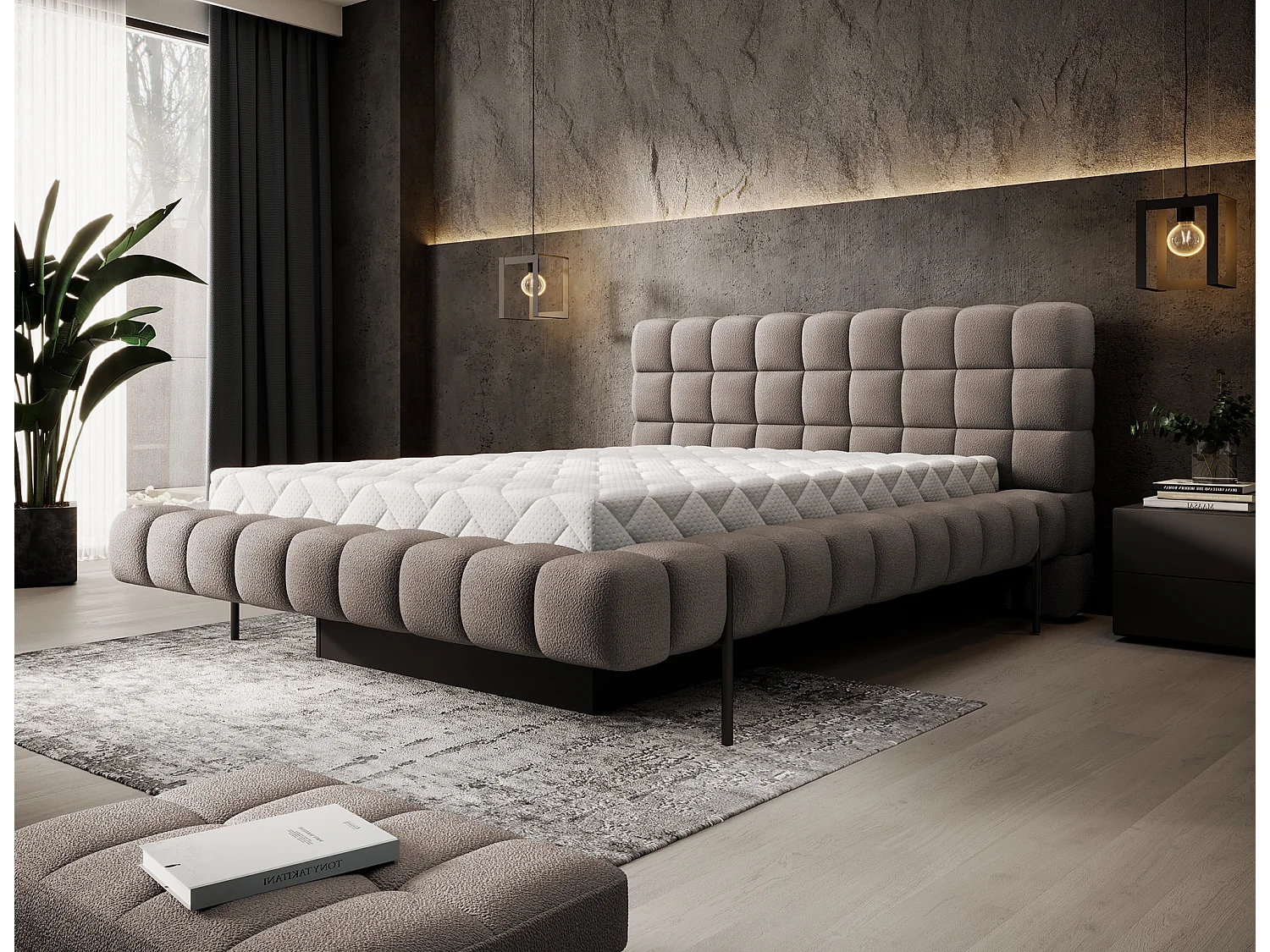 Lit avec coffre de rangement Kopa prestige – Revêtement tissu capitonné-Marron-140x200