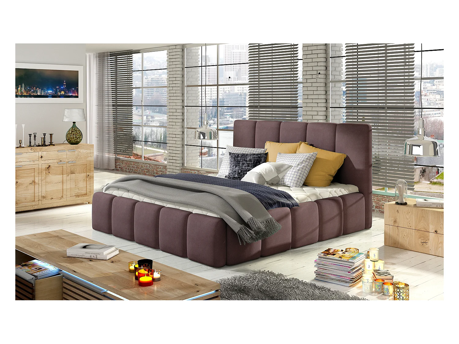 Lit adulte avec coffre de rangement Vika – Tissu capitonné-Marron-160x200