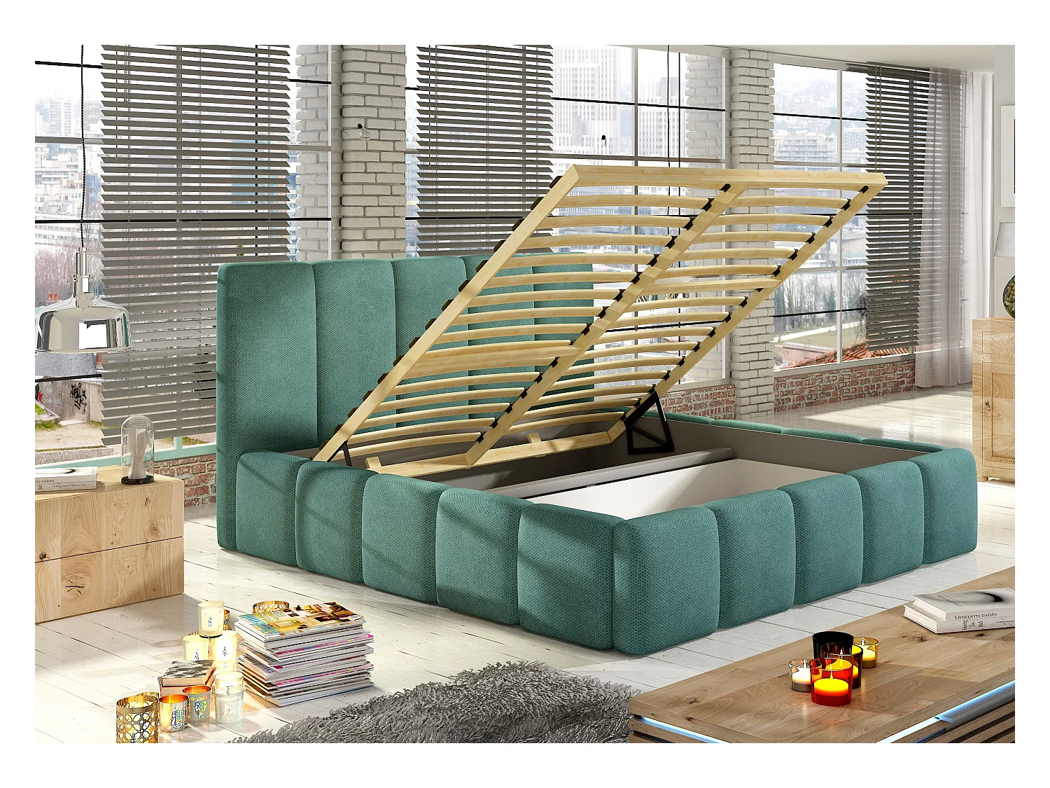 Lit adulte avec coffre de rangement Vika – Tissu capitonné-Marron-160x200