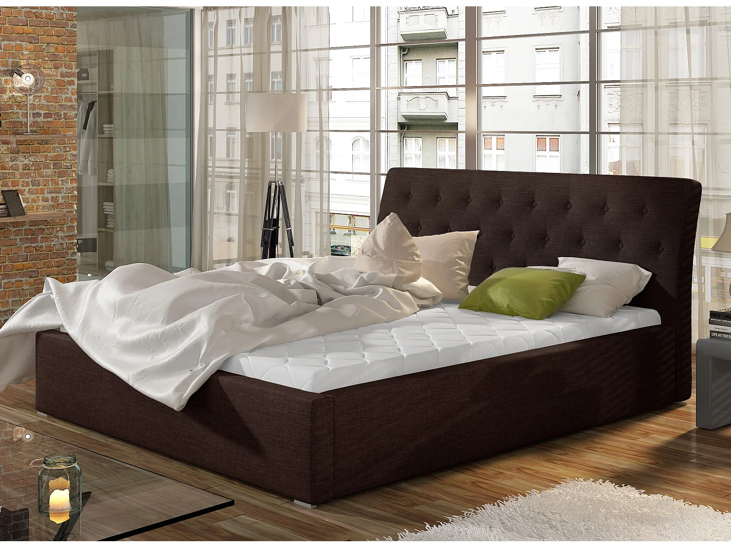 Cama acolchada de tela Venizia-Marrón-180x200 cm-Versión caja