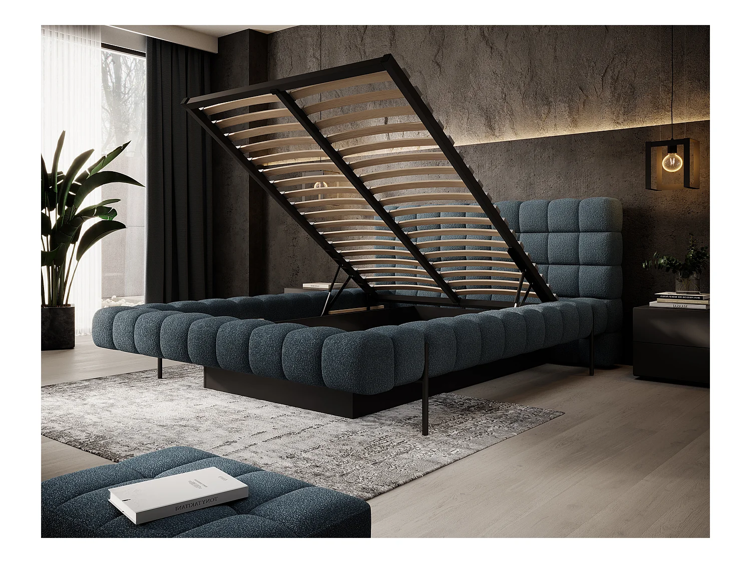 Lit avec coffre de rangement Kopa prestige – Revêtement tissu capitonné-Bleu charrette-180x200