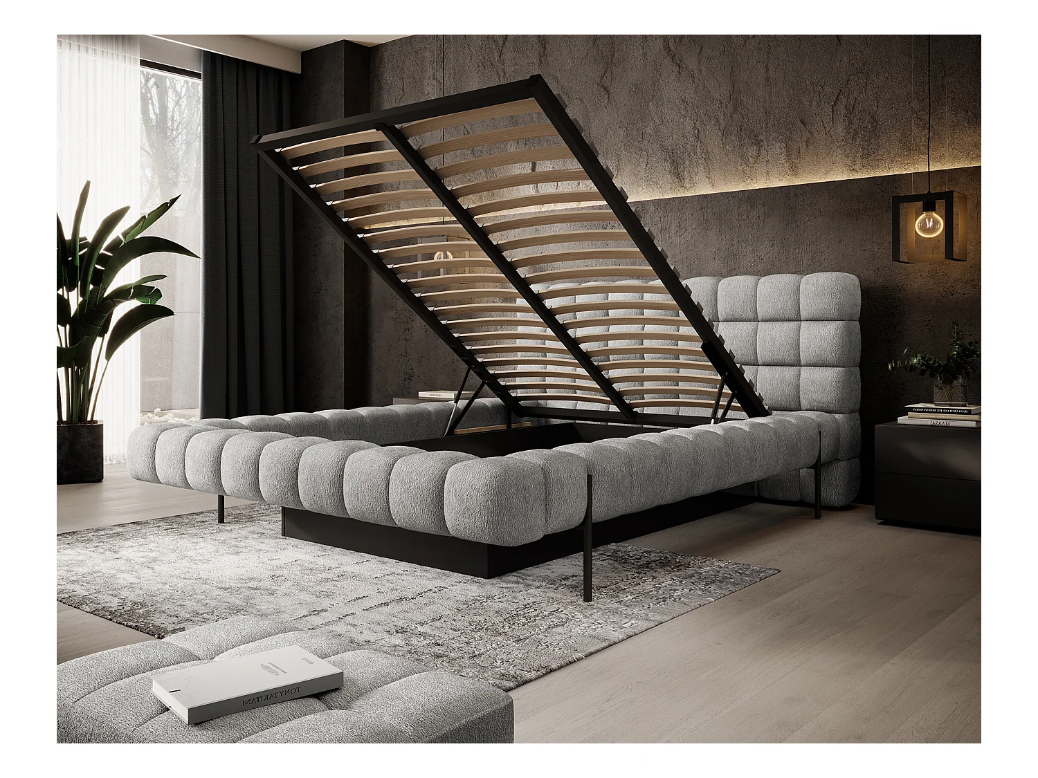 Bed met Kopa prestige opbergbox – Gewatteerde stoffen bekleding-Kleur Grijs-Slapen 160x200cm