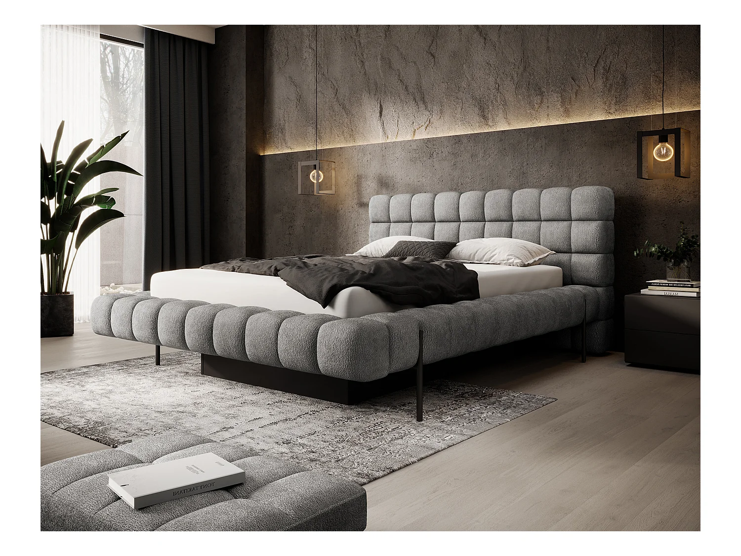 Bed met Kopa prestige opbergbox – Gewatteerde stoffen bekleding-Kleur Grijs-Slapen 160x200cm