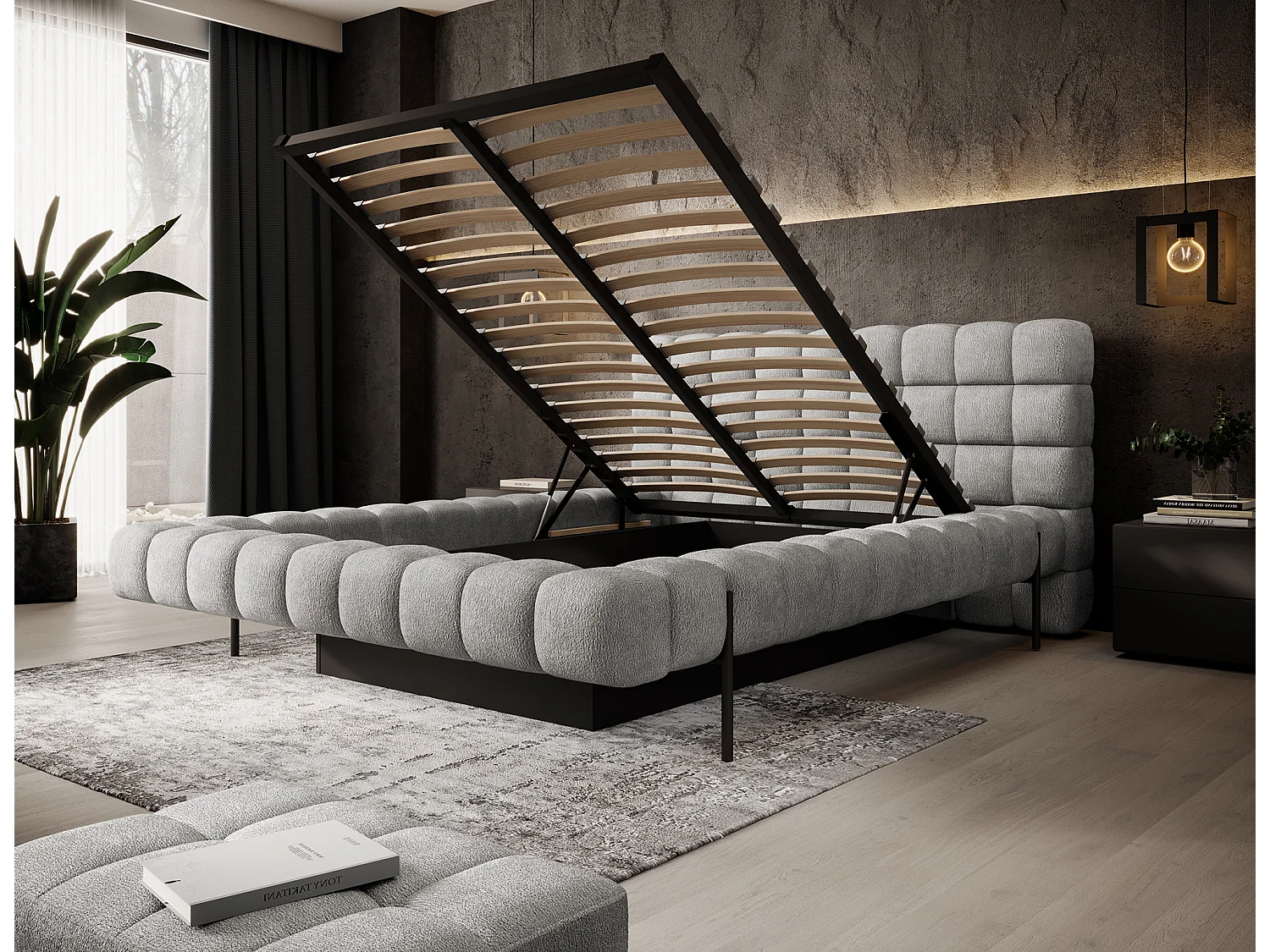 Lit avec coffre de rangement Kopa prestige – Revêtement tissu capitonné-Gris-160x200