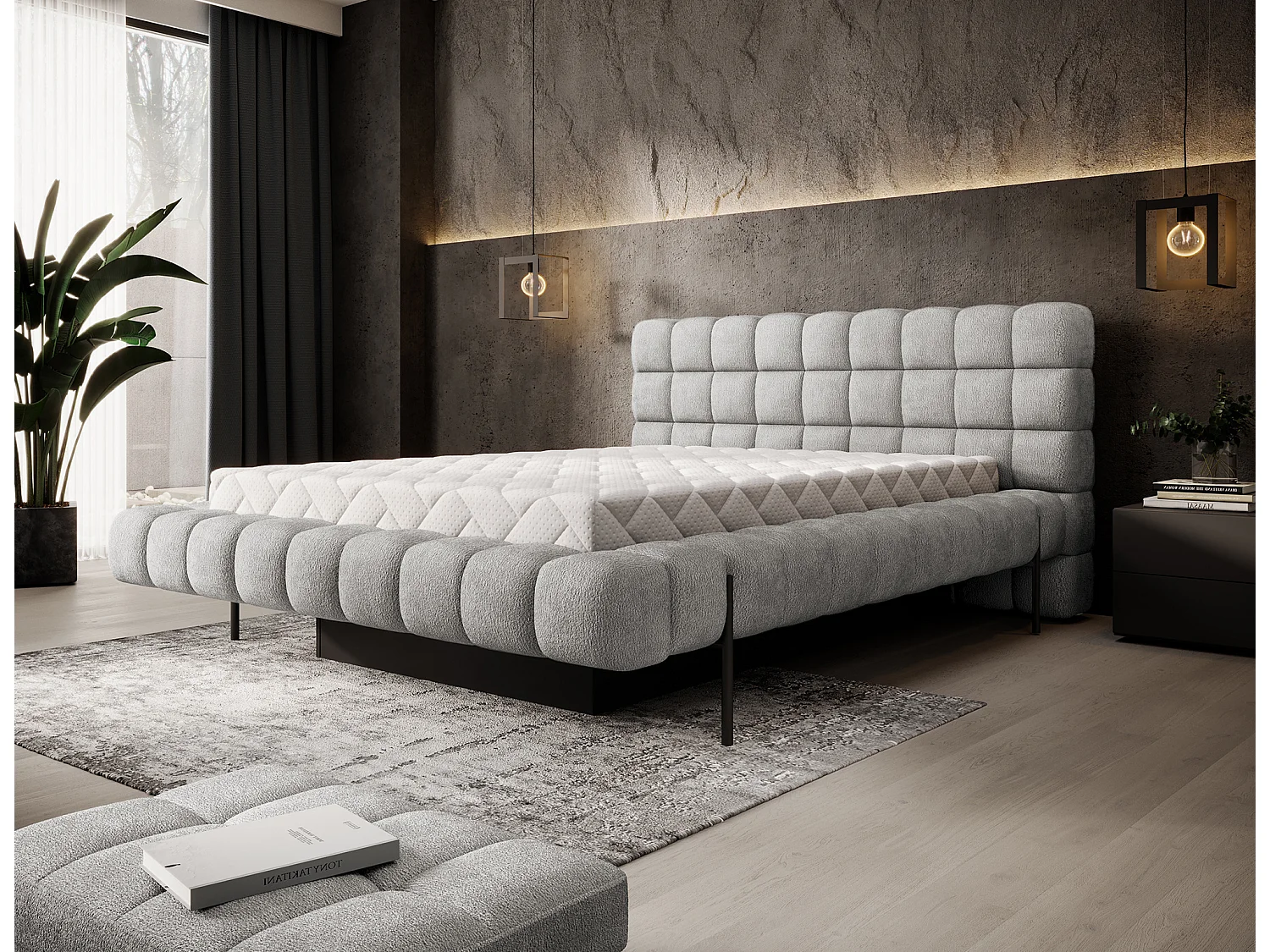 Lit avec coffre de rangement Kopa prestige – Revêtement tissu capitonné-Gris-160x200