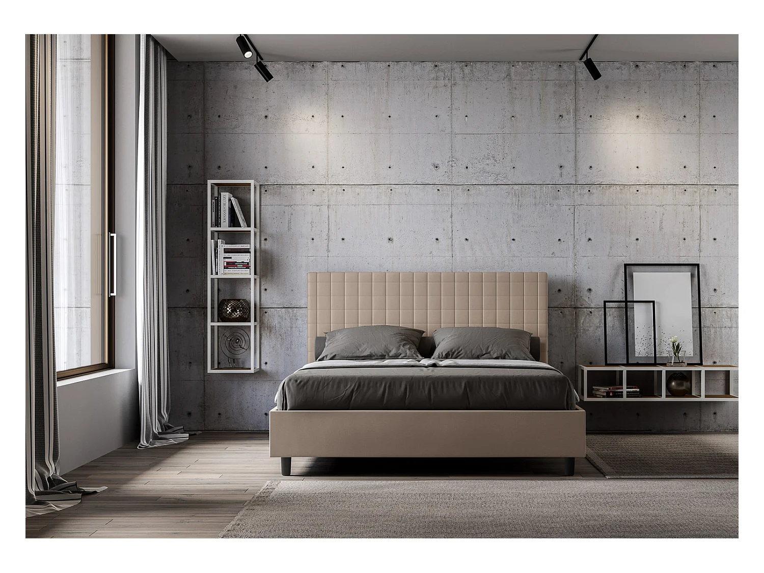 Lit matelassé à carreaux simili cuir Kunda-Beige-160x200-Option Avec coffre