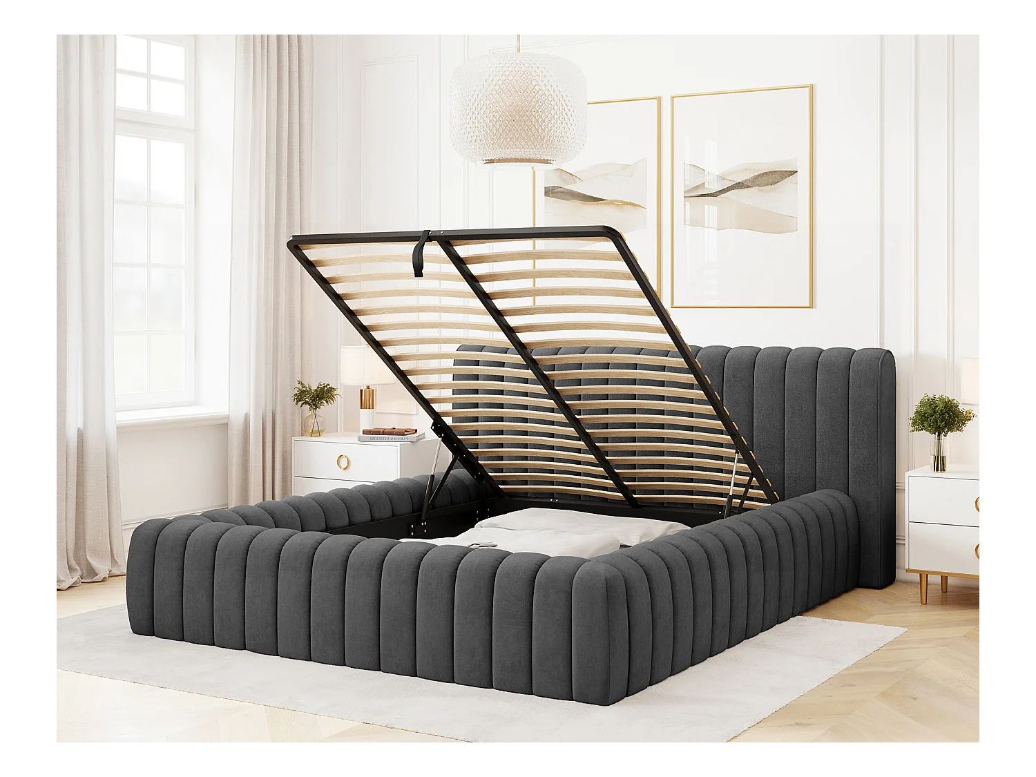 Lit coffre Madera prestige – Revêtement tissu tapissé-Gris anthracite-180x200