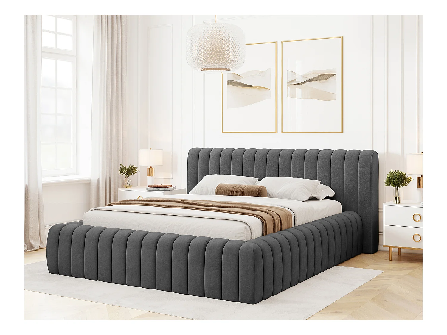 Lit coffre Madera prestige – Revêtement tissu tapissé-Gris anthracite-180x200