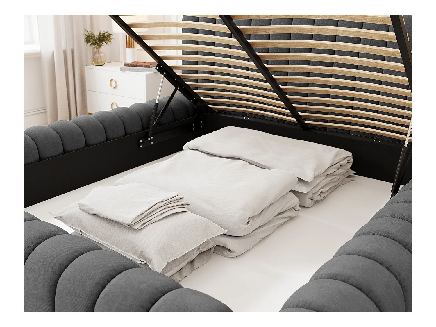 Lit coffre Madera prestige – Revêtement tissu tapissé-Gris anthracite-180x200