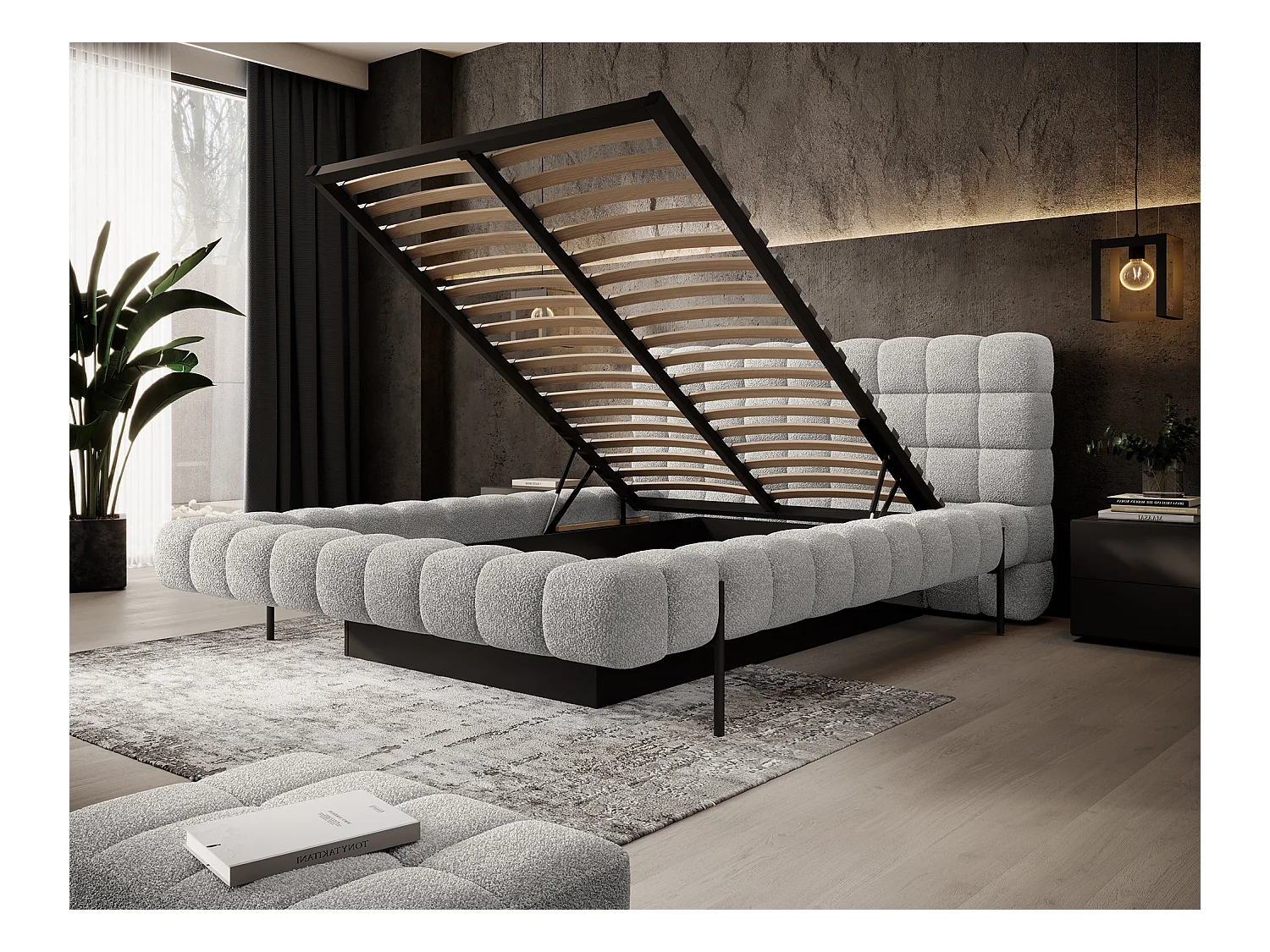 Bed met Kopa prestige opbergbox – Gewatteerde stoffen bekleding-Kleur Lichtgrijs-Slapen 140x200cm