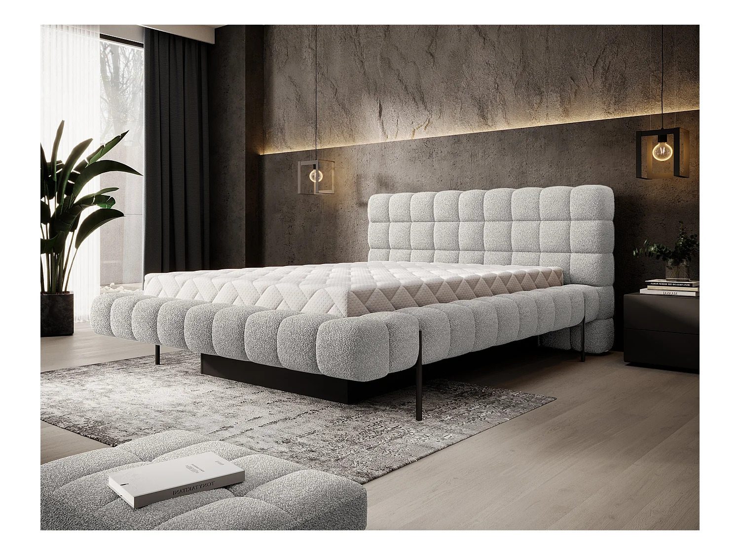 Bed met Kopa prestige opbergbox – Gewatteerde stoffen bekleding-Kleur Lichtgrijs-Slapen 140x200cm