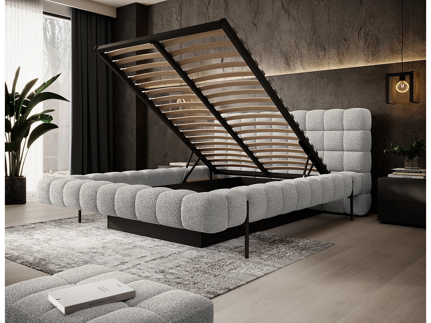 Lit avec coffre de rangement Kopa prestige – Revêtement tissu capitonné-Gris clair-140x200