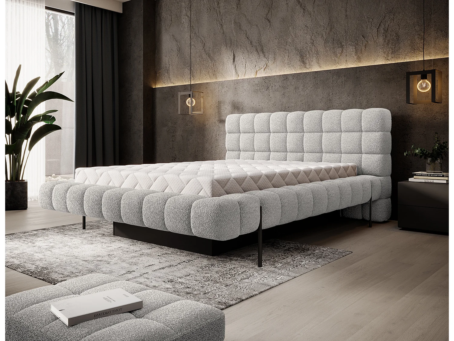 Lit avec coffre de rangement Kopa prestige – Revêtement tissu capitonné-Gris clair-140x200