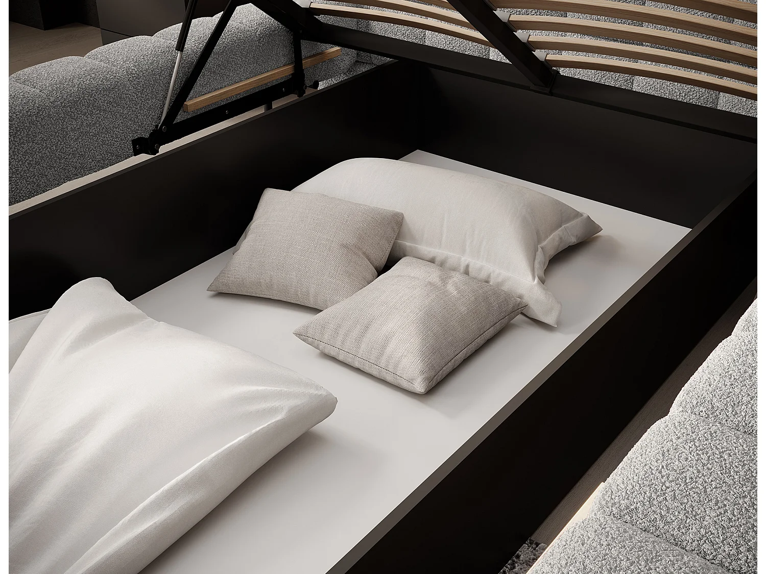 Lit avec coffre de rangement Kopa prestige – Revêtement tissu capitonné-Gris clair-140x200