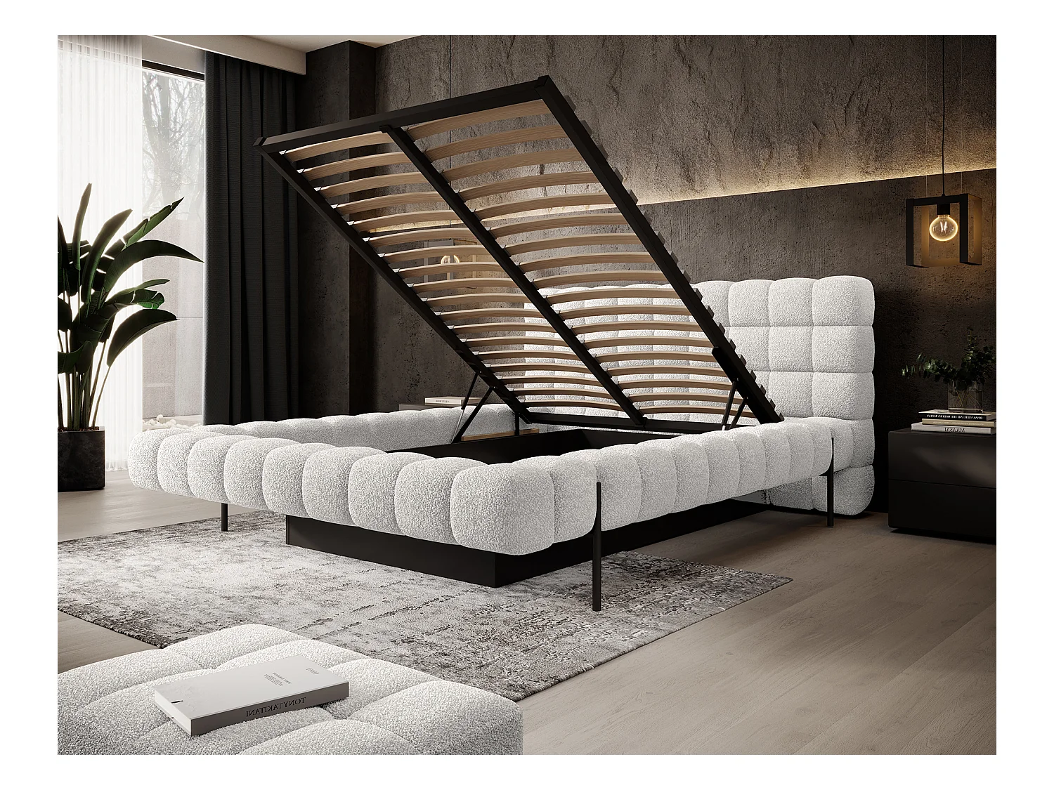 Lit avec coffre de rangement Kopa prestige – Revêtement tissu capitonné-Blanc-140x200