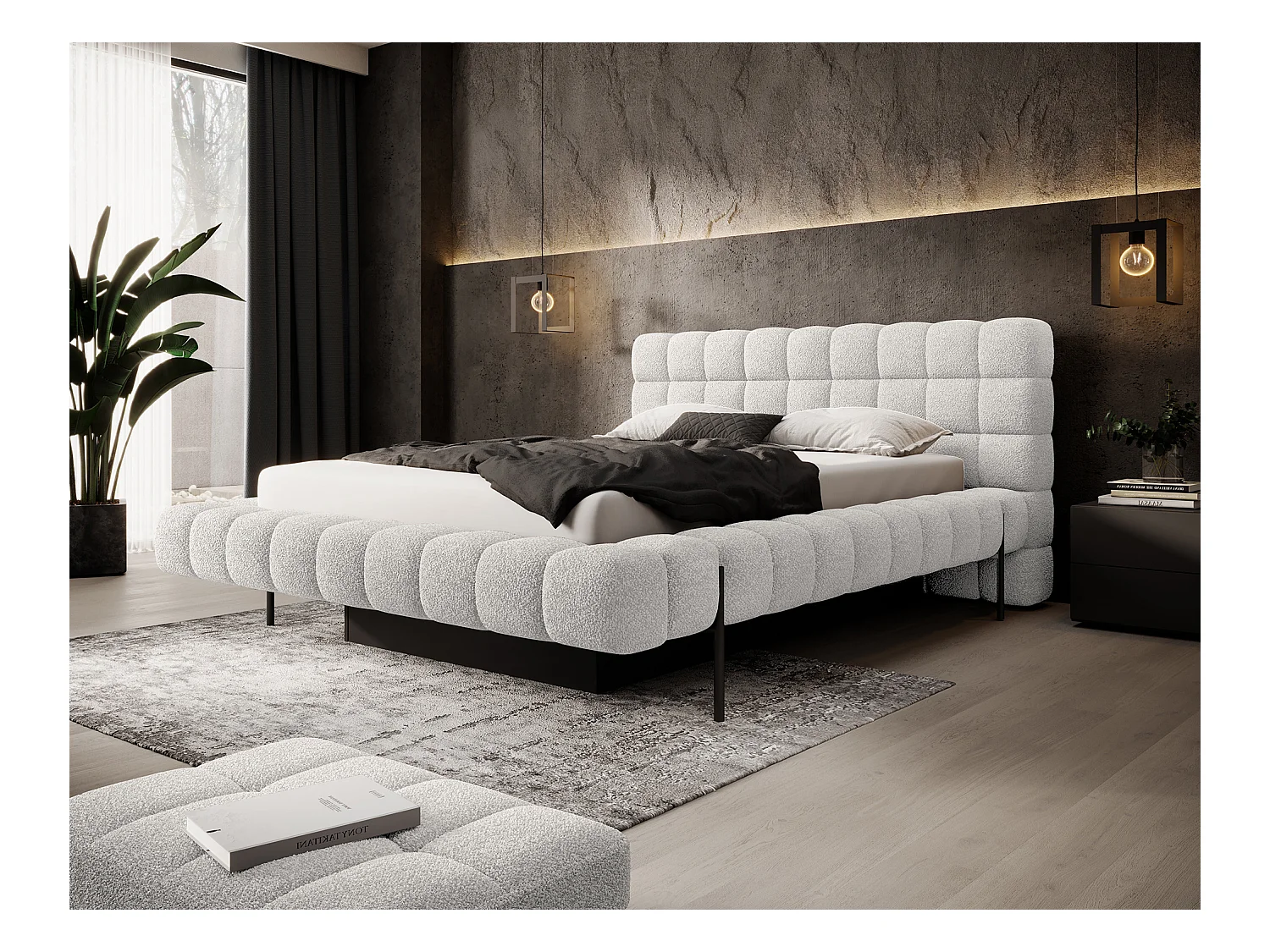 Lit avec coffre de rangement Kopa prestige – Revêtement tissu capitonné-Blanc-140x200