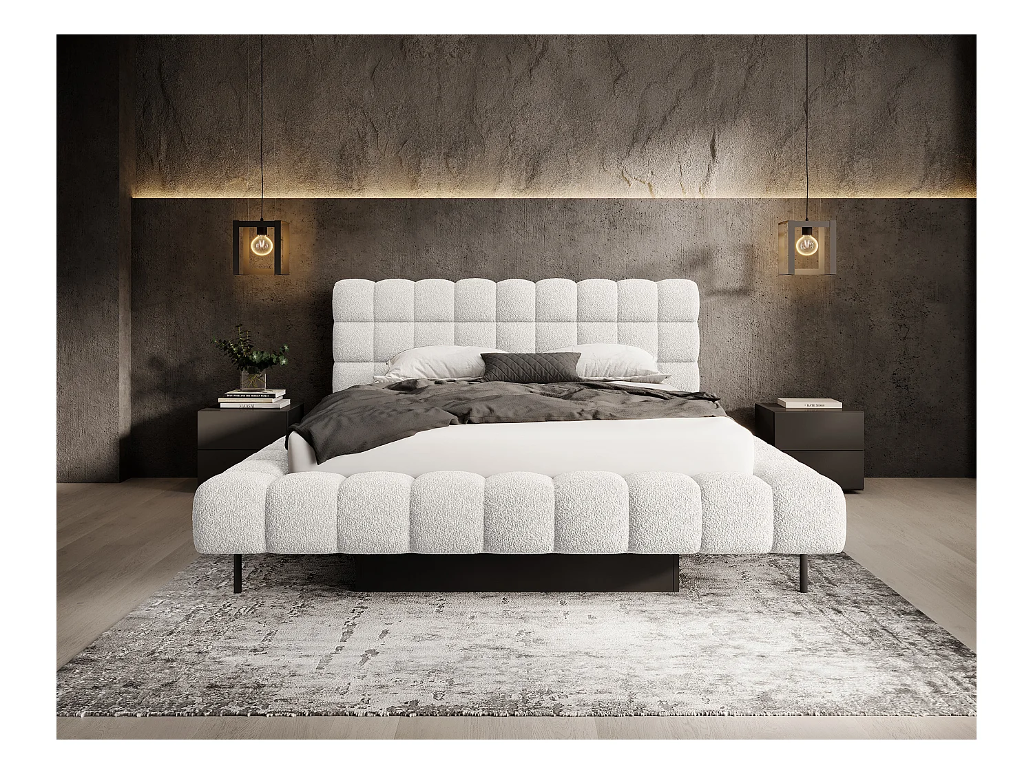Lit avec coffre de rangement Kopa prestige – Revêtement tissu capitonné-Blanc-140x200