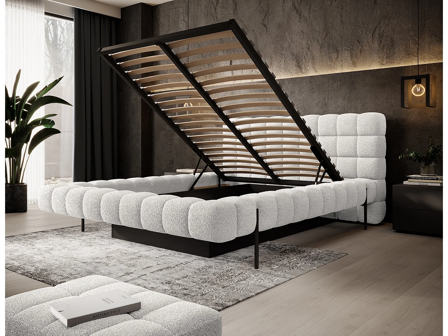 Lit avec coffre de rangement Kopa prestige – Revêtement tissu capitonné-Blanc-140x200