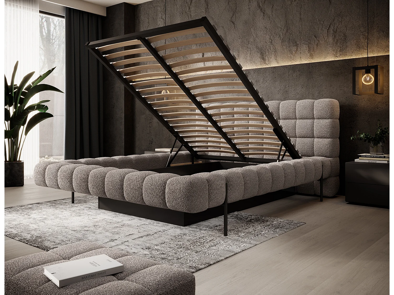 Lit avec coffre de rangement Kopa prestige – Revêtement tissu capitonné-Marron clair-140x200