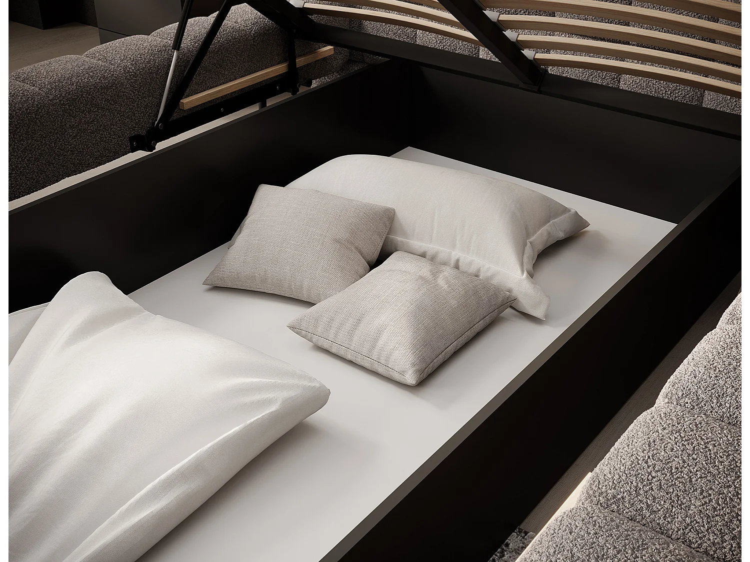 Lit avec coffre de rangement Kopa prestige – Revêtement tissu capitonné-Marron clair-140x200