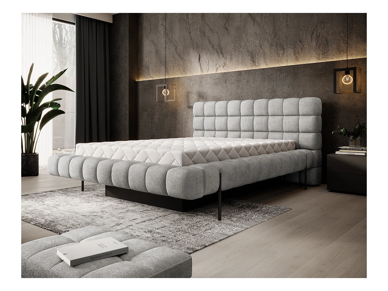 Bed met Kopa prestige opbergbox – Gewatteerde stoffen bekleding-Kleur Grijs-Slapen 140x200cm