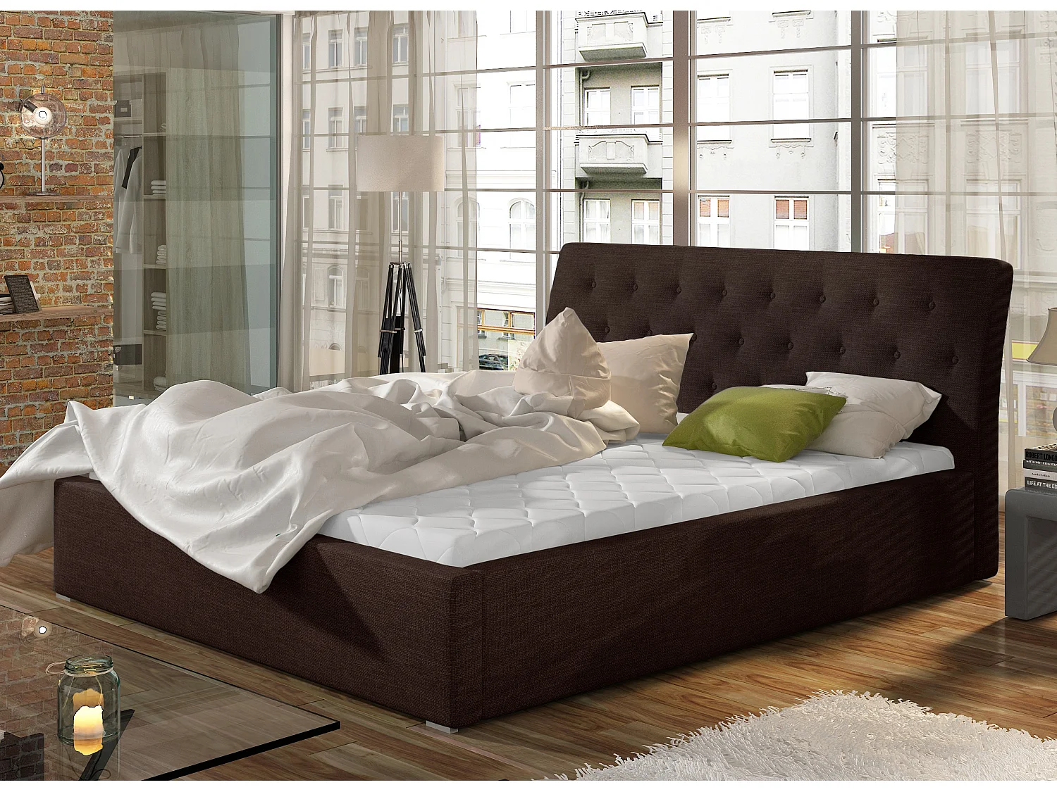 Venizia gewatteerd stoffen bed-Kleur Bruin-Slapen 140x200cm-Versie met boxspring