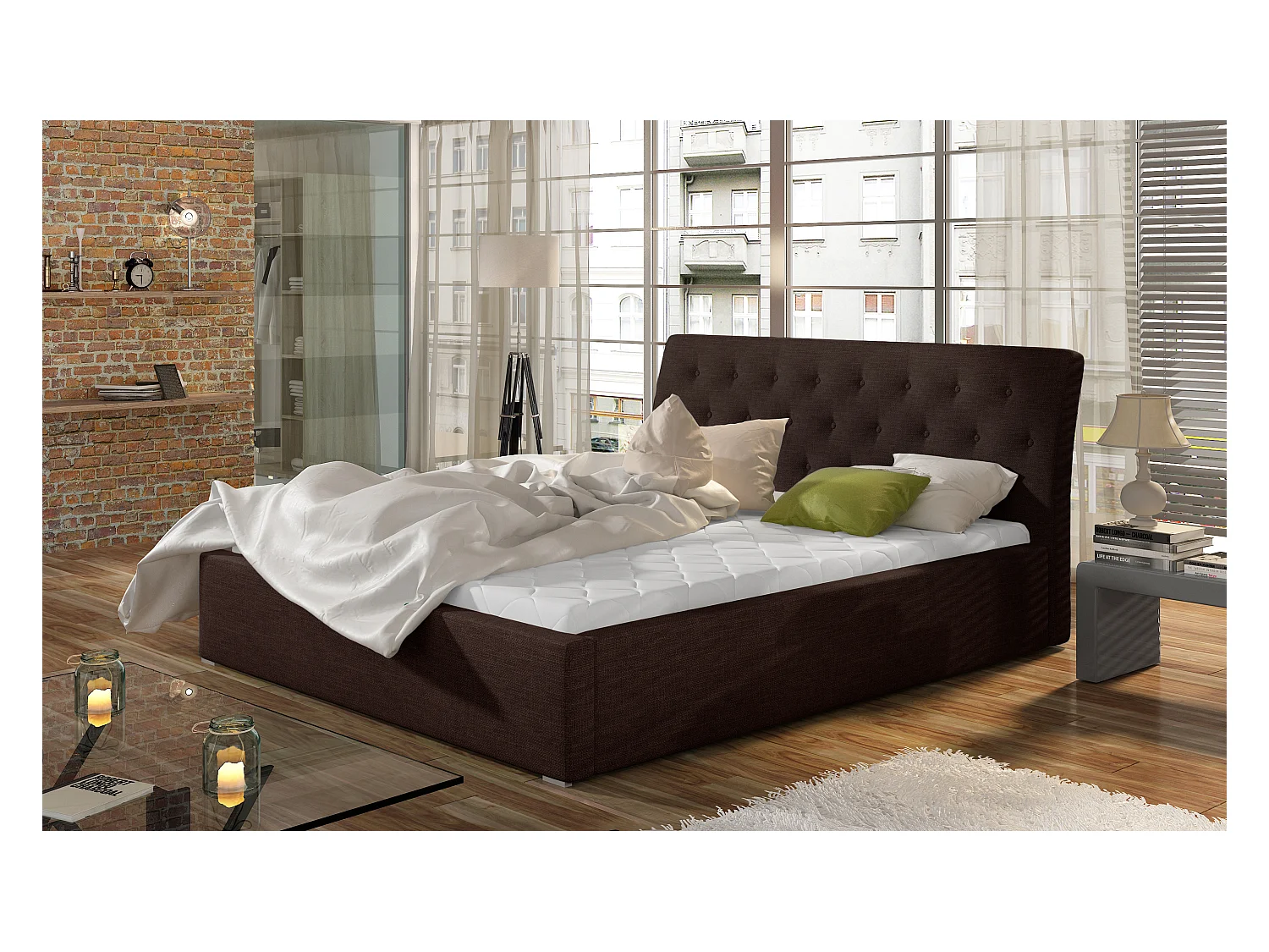 Lit tissu capitonné Venizia-Marron-160x200-Version avec sommier