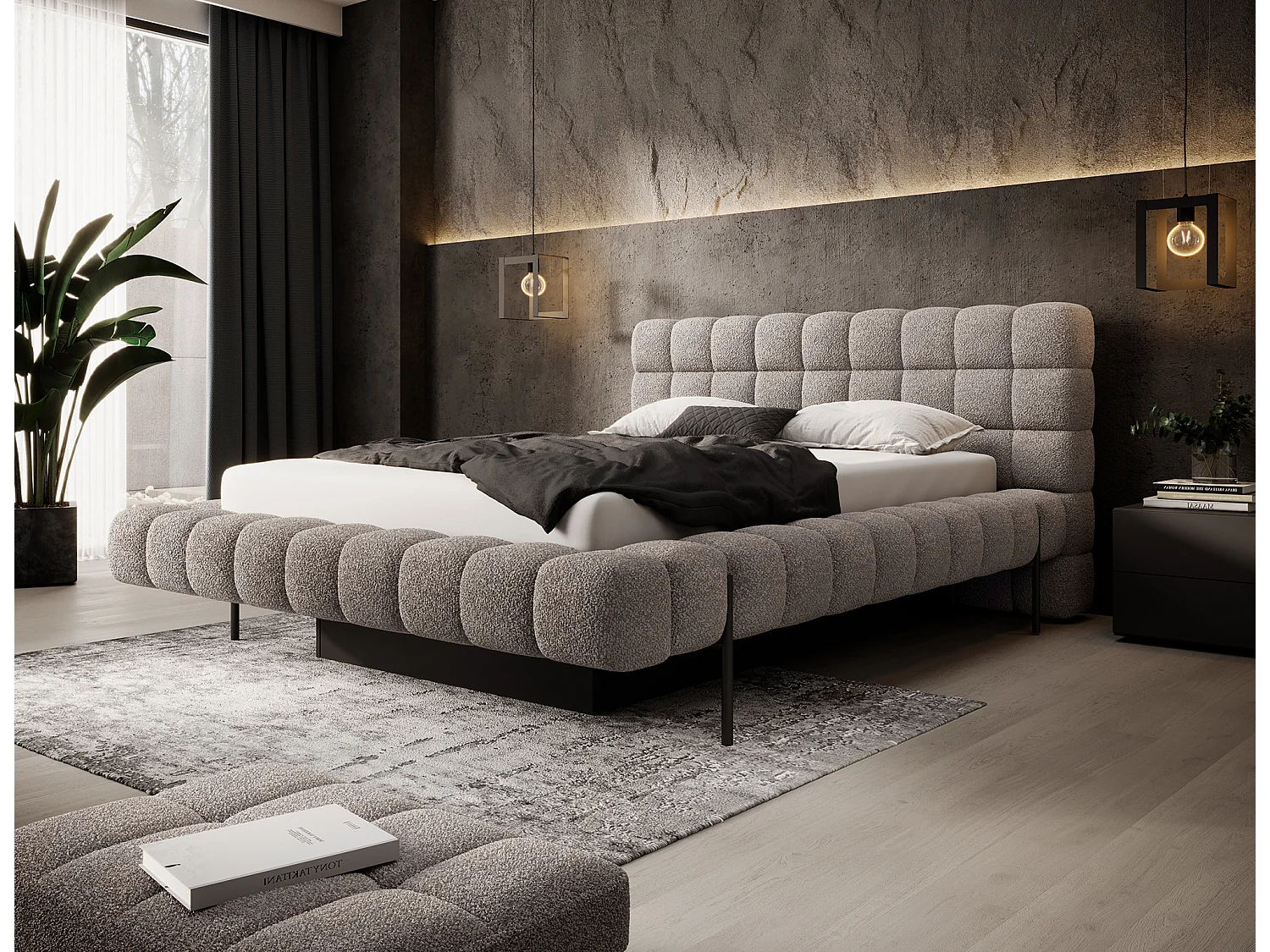 Lit avec coffre de rangement Kopa prestige – Revêtement tissu capitonné-Marron clair-180x200