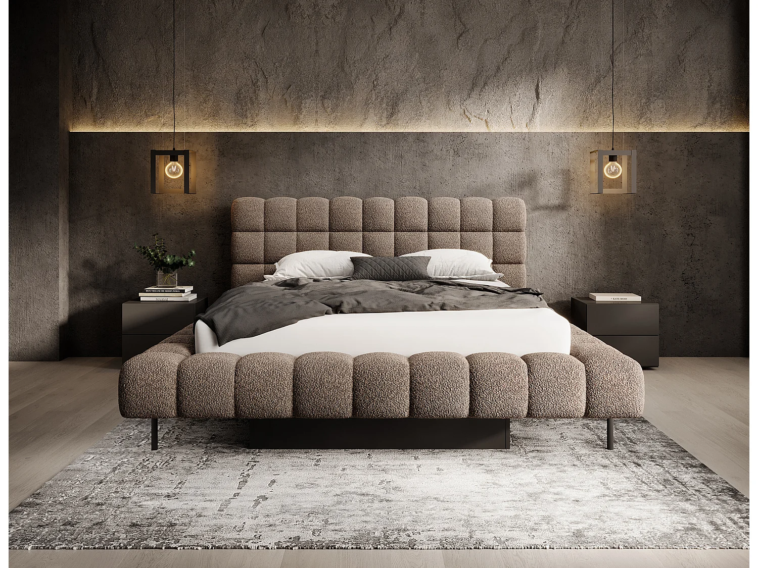 Lit avec coffre de rangement Kopa prestige – Revêtement tissu capitonné-Marron clair-180x200