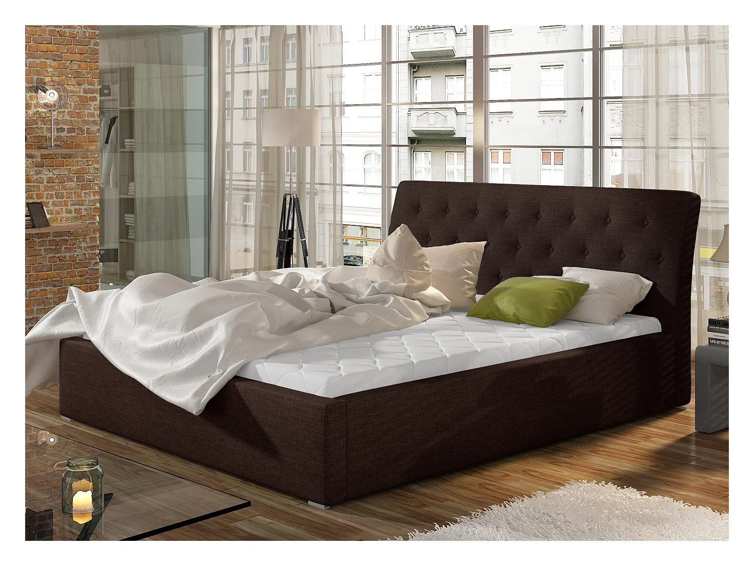 Lit tissu capitonné Venizia-Marron-160x200-Version sommier et coffre