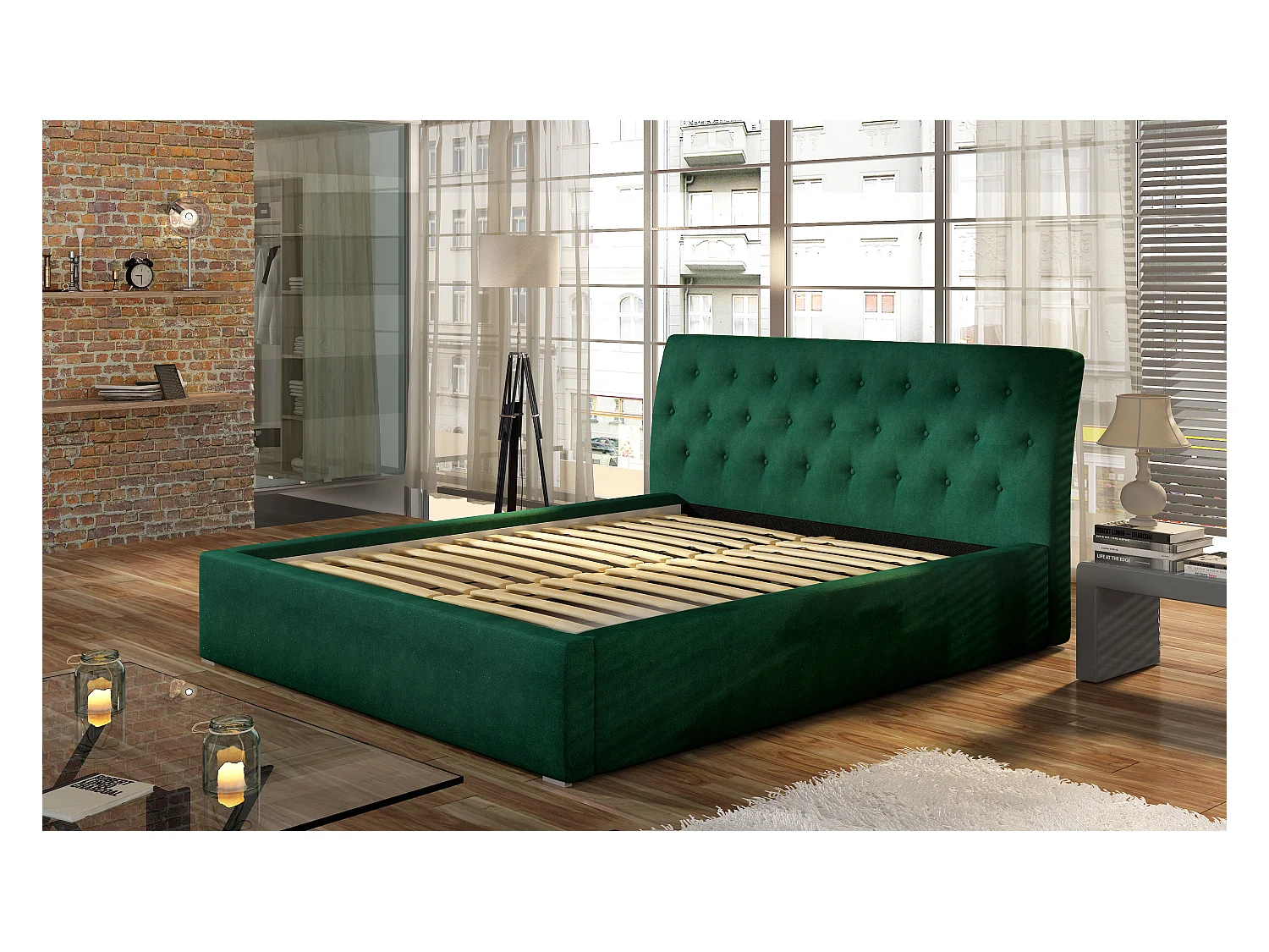 Lit tissu capitonné Venizia-Marron-160x200-Version sommier et coffre