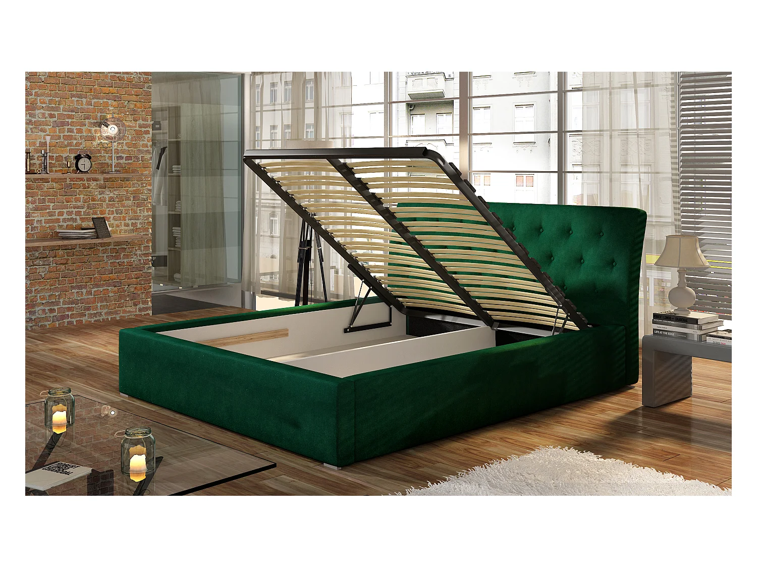 Lit tissu capitonné Venizia-Marron-160x200-Version sommier et coffre