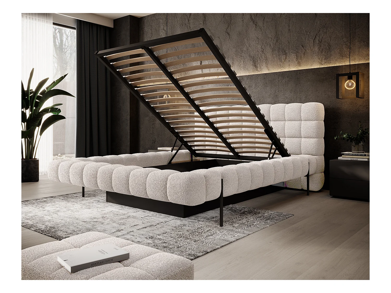 Lit avec coffre de rangement Kopa prestige – Revêtement tissu capitonné-Beige clair-160x200