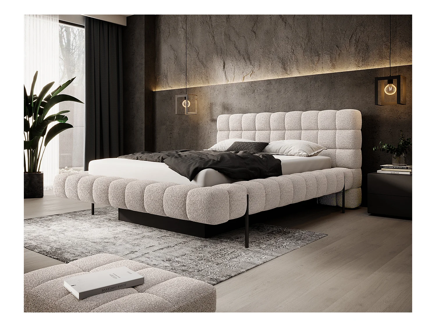 Lit avec coffre de rangement Kopa prestige – Revêtement tissu capitonné-Beige clair-160x200