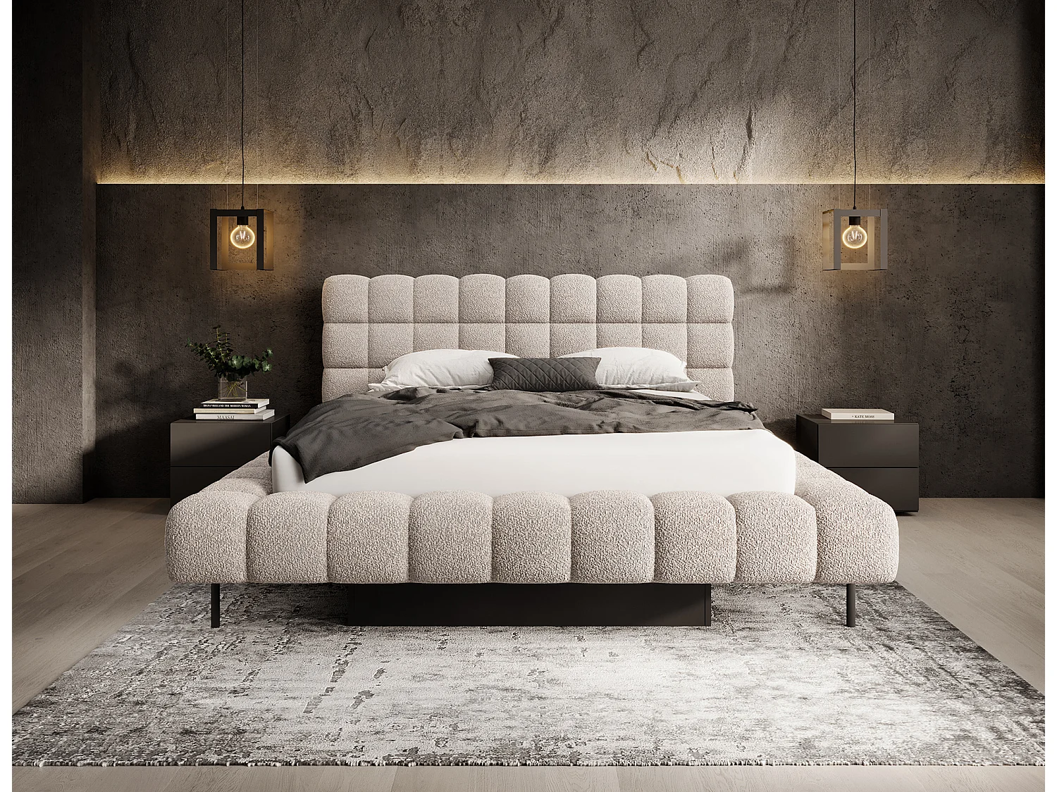 Lit avec coffre de rangement Kopa prestige – Revêtement tissu capitonné-Beige clair-160x200