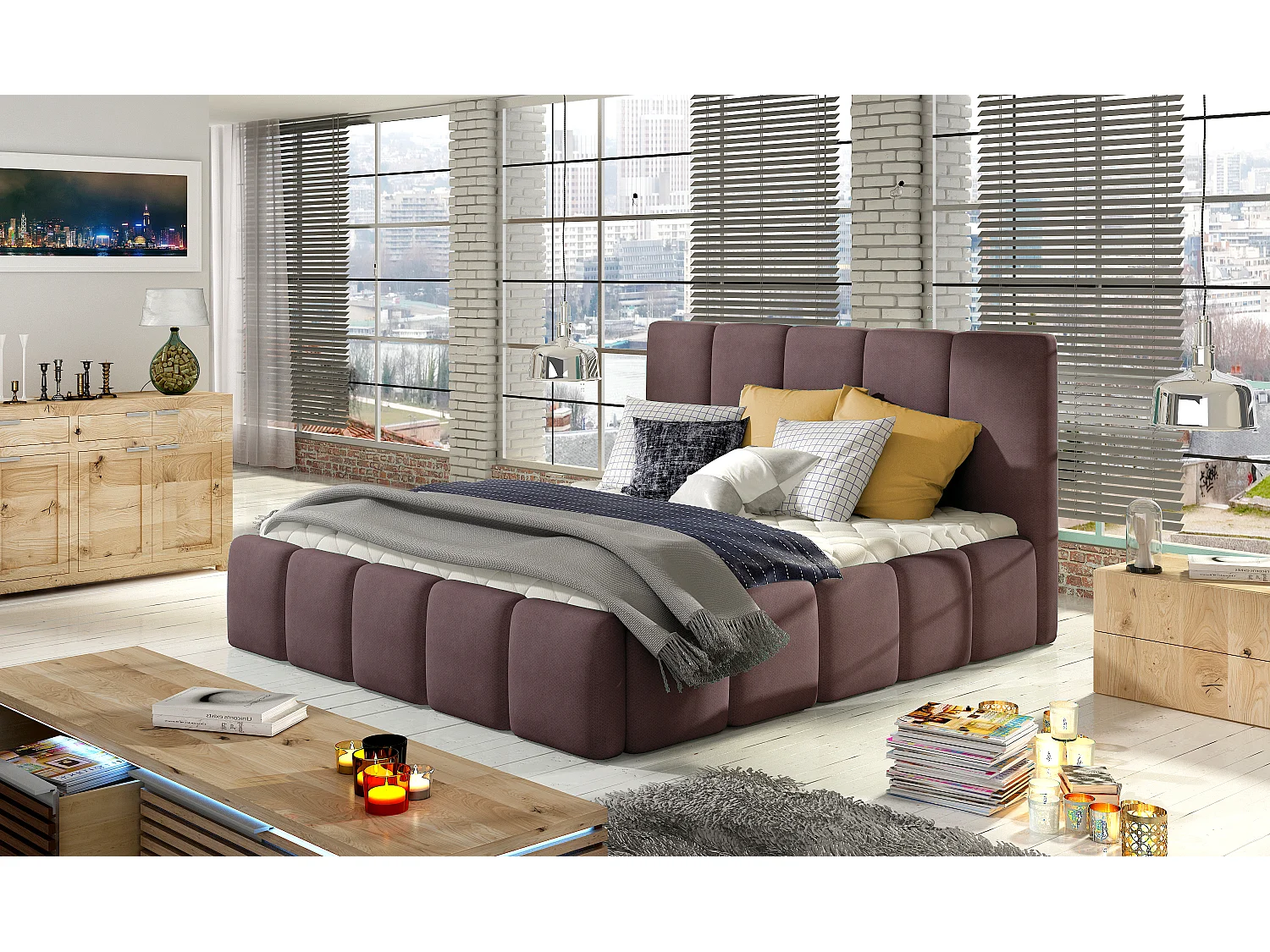 Lit adulte avec coffre de rangement Vika – Tissu capitonné-Marron-180x200