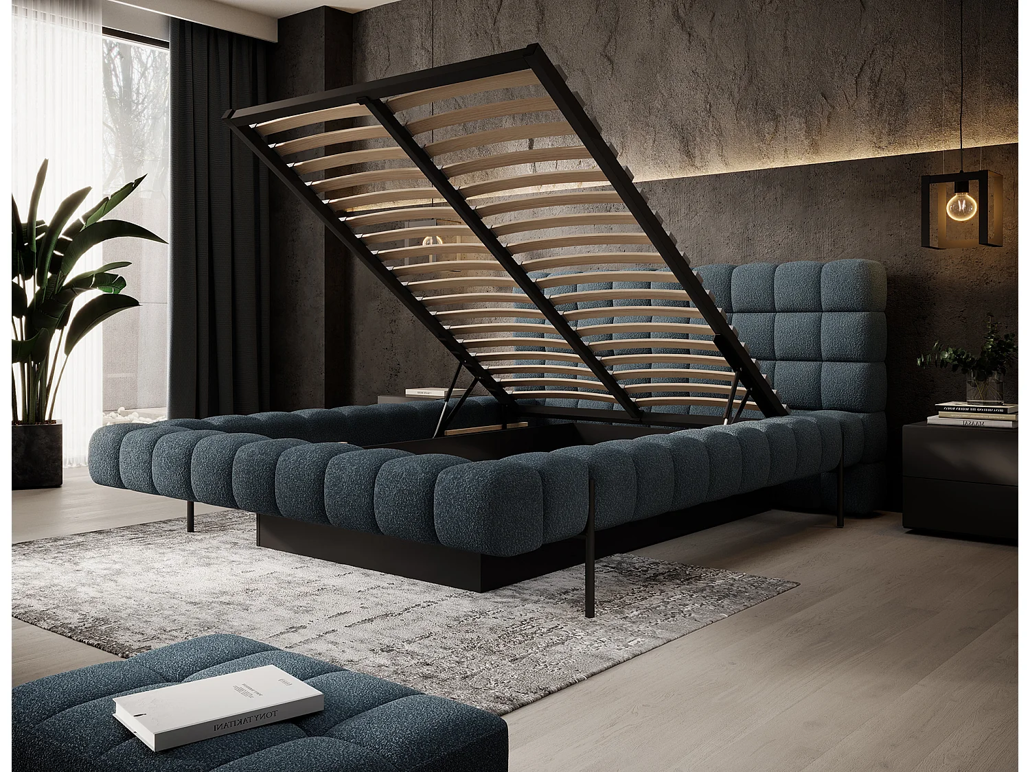 Lit avec coffre de rangement Kopa prestige – Revêtement tissu capitonné-Bleu charrette-140x200